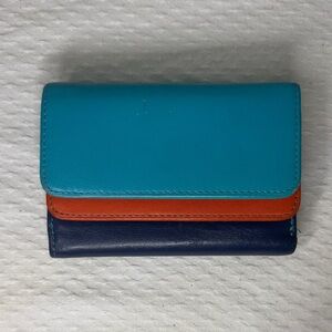 Tri-Color Italian Leather Wallet - Teal, Orange, Navy Vera Pelle